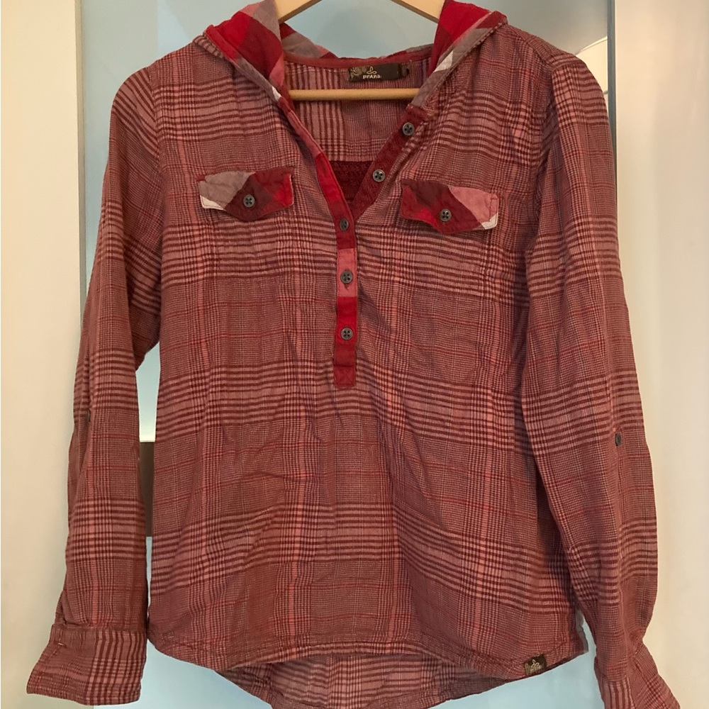 Prana Red Plaid Hooded shirt small